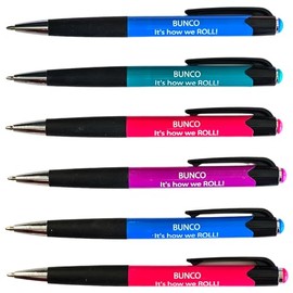 Bunco Pen Set - Set of 6 Assorted Colored Bunco Pens with "IT'S HOW WE ROLL" Printed in White on the Barrel. Great Bunco Supplies and/or Bunco Prizes and Bunco Party Favors.