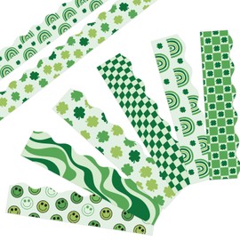 Whaline 82Ft Boho St Patrick's Day Bulletin Board Borders Green Shamrock Plaid Face Rainbow Self-Adhesive Border Trim for School Classroom Office Decor, 72pcs