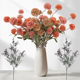 Geegoods10 Stems Silk Pompon Mum Artificial Flowers with 2 Eucalyptus,Faux Flowers for Vase, Small Mini Fake Chrysanthemums Flowers for DIY Bouquet Centerpieces Table Decorations