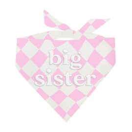 Big Sister Puff Printed Dog Bandana | 100% Cotton Adjustable Triangle | Pregnancy Announcement Photoshoot Prop | New Baby | Gender Reveal | One Size |Pink Checkered (1304)