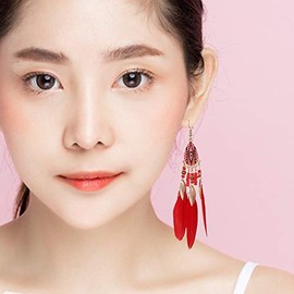 Teardrop long earrings, feather earrings, ethnic long feather fringe earrings, red