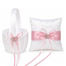 COSLANLEE Wedding Flower Girl Basket and Ring Bearer Pillow Set, White Satin with Bow, Traditional Style (Pink Heart)