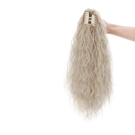 Natural Ponytail Extension Clip in Hair Extensions Long Curly Corn Wave Claw on Ponytail Heat Resistant Synthetic Hairpiece for Women Ash Blonde mix Bleach Blonde