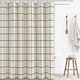 WOUVMA - Cortina de ducha extra larga a cuadros de granja, cortinas de ducha de lino beige para baño, patrón negro natural, 90 pulgadas de largo x 72 pulgadas de ancho