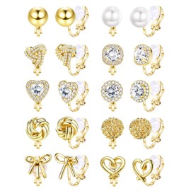 Florideco 10 PCS Clip on Earrings for Women 14K Gold Plated Cubic Zirconia Clip On Stud Earrings Non-Pierced Twist Knot Simulated Pearl Heart Earring Set