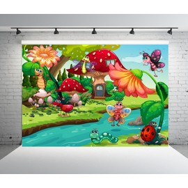CORFOTO 7x5ft Cartoon Animals Backdrop Forest Mushroom House Insects River Green Grass Cartoon Photo Background for Baby Shower Birthday Themed Party Decor Dessert Table Photo Studio Props