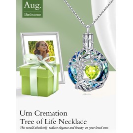 TOUPOP Cremation Jewelry for Women White Gold Plated s925 Sterling Silver Family Celtic Tree of Life Heart Birthstone Urn Pendant Necklace for Ashes Memorial Keepsake Jewelry with Funnel Filler for Women (White Gold - Blue Austrian Crystal, 08-Aug-Perido