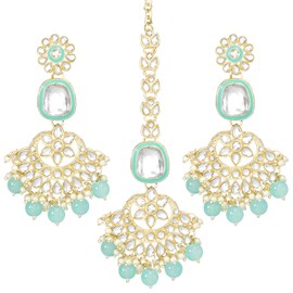 Aheli Gold Plated Sky Blue Kundan & Beads Studded Ethnic Dangle Earring & Maangtikka Set Traditional Fancy Jewellery Gift for Women