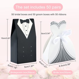 G2PLUS 100PCS Wedding Favor Boxes - 50 Pairs Bride and Groom Wedding Candy Boxes - Small Wedding Favors Boxes with Ribbons for Wedding Occasions