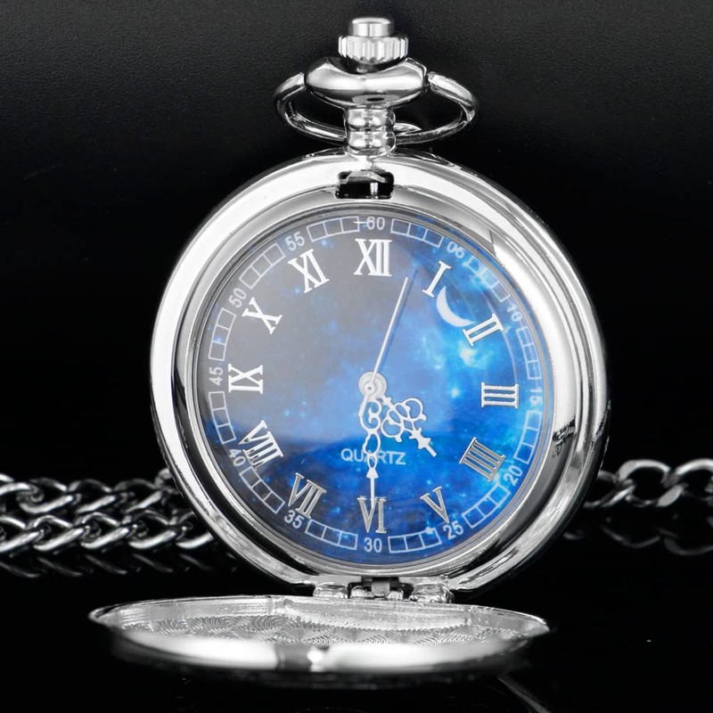 Tiong Silver Pocket Watch Hollow Blue Starry Design Roman Numerals