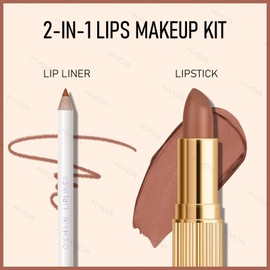 KYDA Lipstick and Lip Liner Set, Includes Velvet Lipstick + Matte Liner Pencil, Smooth Creamy Matte Lips Color, Lips Makeup Gift Kit for Old Women and Girls, Lipliner Combo, 02