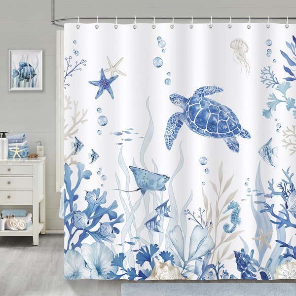 Bonhause Shower Curtain Blue Ocean Sea Turtle Coast Underwater Shower