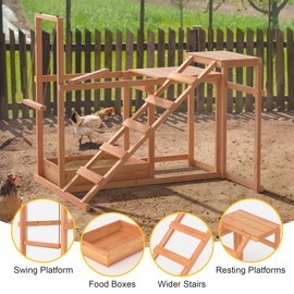 Chicken Activity Play, Multiple Chicken Perches with Swing Toy, Wooden Chicken Coop Accessory with Ladder & Platforms & Food Storage Outdoor Birds Toy for Entertainment Backyard Poultry