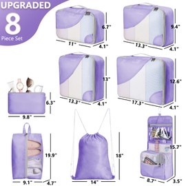 OlarHike 8 Set Packing Cubes for Travel, Sturdy Suitcase Organizer in 4 Sizes (Extra Large, Large, Medium, Small), Luggage Cubes with Toiletry Bag, Essentials Cruise Ship Gifts for Women (Purple)
