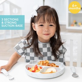 Bumkins Toddler and Baby Suction Plate, Divided Grip Dish for Babies and Kids, Baby Led Weaning, Feeding Supplies, Sticks to Tables and Highchairs, Platinum Silicone, for Chidren 6 Months, Marble
