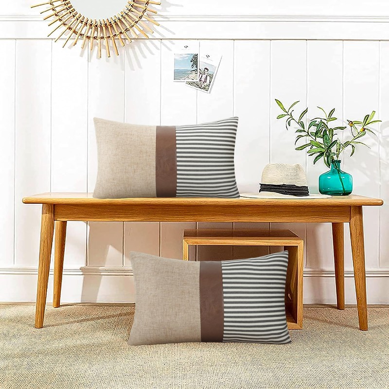 JASEN Faux Leather and Linen Pillow Covers 12x20 Inch Set