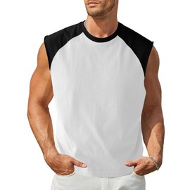 Minclouse Men's Casual Raglan Sleeves Tank Tops Sleeveless Crew Neck T Shirts Color Block Tees Black-White