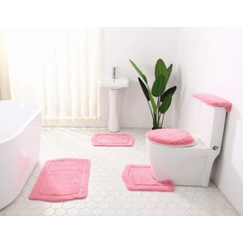 BH Home & Linen 5-Piece Luxurious Ultrasoft Bath Rugs Set. Contains: Bath Mats, Tank Cover, Lid Cover and Comodo Rug. (Pink)