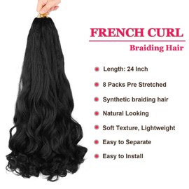 French Curl Braiding Hair Pre Stretched 24Inch 8 Packs Bouncy Wavy Braiding Hair for Boho Box Braids for Black Women (1B, 24Inch(Pack of 8))