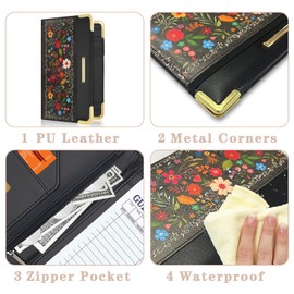YeeCASE Server Book, Waiter Wallet in High Quality Leather, with Money Pocket and Zipper Pouch, Restaurant Waitstaff Organizer Fits Server Apron and Receipt Holder (Flower-Color)