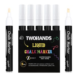 TWOHANDS White Liquid Chalk Pens (5 Pack) - 3mm & 4.5mm Reversible Tip - Multi-Purpose Wipeable and Erasable Chalk Markers for Chalkboards, Signs, Windows, Whiteboards, Glass, Bistro, 19530