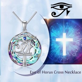 WINNICACA Eye of Horus Necklace Ankh Pendant S925 Sterling Silver Egypt Protection with Crystal Pendant Coptic Ankh Religious Necklace for Women Men, Sterling Silver