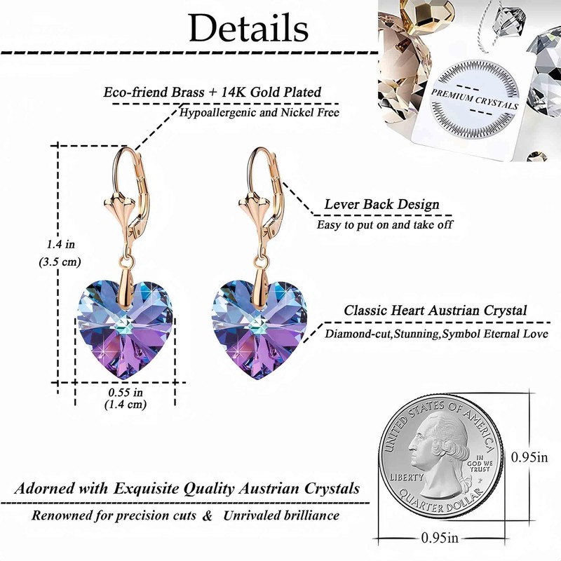 Austrian Crystal Heart Drop Leverback Earrings for Women Fashion Dangle
