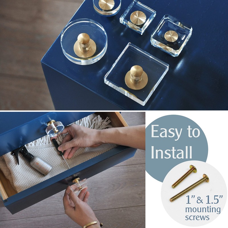 JEREVER 2 Pack Acrylic Knobs Large Size Crystal Brass Drawer