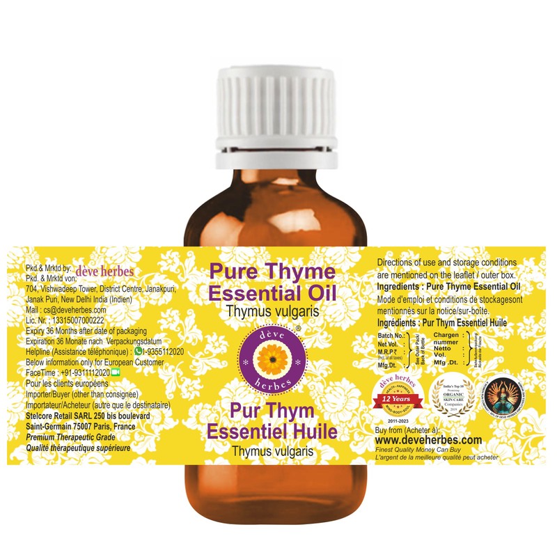 Deve Herbes Pure Thyme Essential Oil (Thymus vulgaris) Steam Distilled