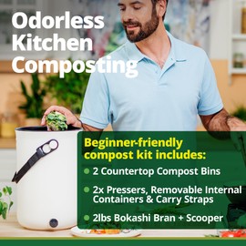 TeraGanix Bokashi Compost Bin + 2 Lbs Bokashi Bran, Kitchen Countertop Composter, All Season Indoor Composting, Easily Drain Liquids, Odor Free, Airtight Lid, 2.5 Gallon (Cappuccino, 2 Units)