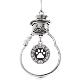Inspired Silver - Black and White Paw Print - Silver Christmas Ornament - Circle Charm Christmas Tree Ornament with Cubic Zirconia - Snowman Hanging Decoration