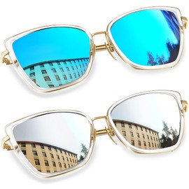 Joopin Oversized Cateye Sunglasses Trendy Mirrored Cat Eye Sun Glasses Metal UV400 Stylish Becky Shades for Women Ladies Sunnies 2 Pack (Blue + Silver)