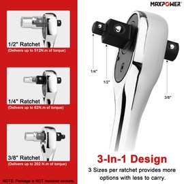 MAXPOWER 3-in-1 Ratchet Handle, Multifunctional Ratchet Wrench with 1/4", 3/8" & 1/2" Square Drive, with 72-Tooth & Reversible Switch Design - 250mm/10-Inch