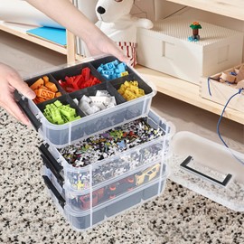 IGNPION Stackable Storage Box, 4 Layer Adjustable Plastic Storage Box with Carrying Handle Transparent Organizer Containers for Arts and Crafts Toys Sewing Accessories (Black)