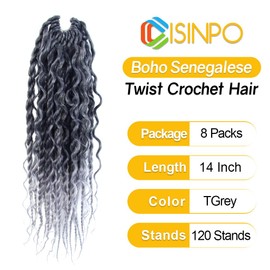 CISINPO Boho Twist Crochet Hair 14 Inch, 8 Packs Wavy Senegalese Twist Crochet Hair with Curly Ends, Ombre Gray Pre-Looped Pre-Twisted Island Style Goddess Passion Braids (120 Strands, T Grey)