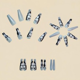 Butterfly Press on Nails Long Length Ash White Gradient Coffin Fake Nails Butterfly Designs Glossy False Nails Press ons Full Cover Spring Gradient Acrylic Nails Square Stick on Nails for Women 24 pcs