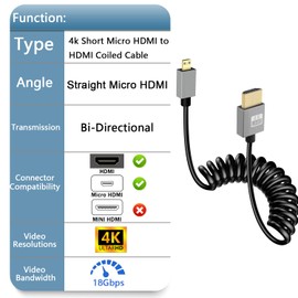 GELRHONR 4K Micro HDMI Spiral Cable, Short Micro HDMI Male to HDMI Male Spring Flexible Thin Cable, Micro HDMI 90 Degree Cable 18Gbps 3D 4K @ 60Hz, for Camera Video Capture Card (Straight)