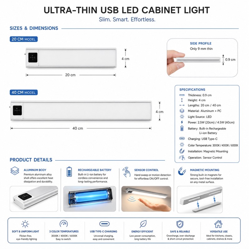 Rechargeable LED Cabinet Light for Indoor Spaces – Ultra-Thin Motion