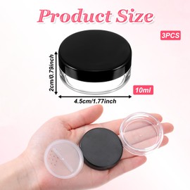3 Pcs 10ml/0.34oz Black Plastic Refillable Loose Powder Containers, Empty Travel Powder Container with Rotatable Sifter and Leakproof Screw Lid for Makeup Powders, Foundation Reusable No Leak Compact