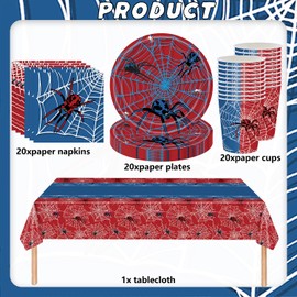 61Stk Spider Tableware Party Set, Spider Theme Birthday Supplies, Jungen und Mädchen Party Dekorationen, Kinder Geschirr Set enthält Teller Tassen Papierhandtücher Tischdecken für 20 Personen