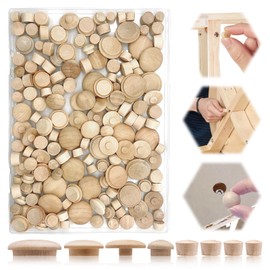 Waltool 160 Pcs 2 Styles Wood Hole Plugs Assortment Set, 3/16 Inch, 5/16 Inch, 3/8 Inch, 1/2 Inch Hardwood Maple Button Cap, Flush Type Wooden Screw Covers for Decor Furniture
