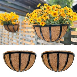 LalaGreen Wall Planters (2 Pack, 14 Inch) Black Metal Deck Railing Planter Boxes with Coco Liners, Window Basket Hanging Flower Pot for Outdoor Plants, Modern Horse Trough Fence, Balcony, Patio Porch