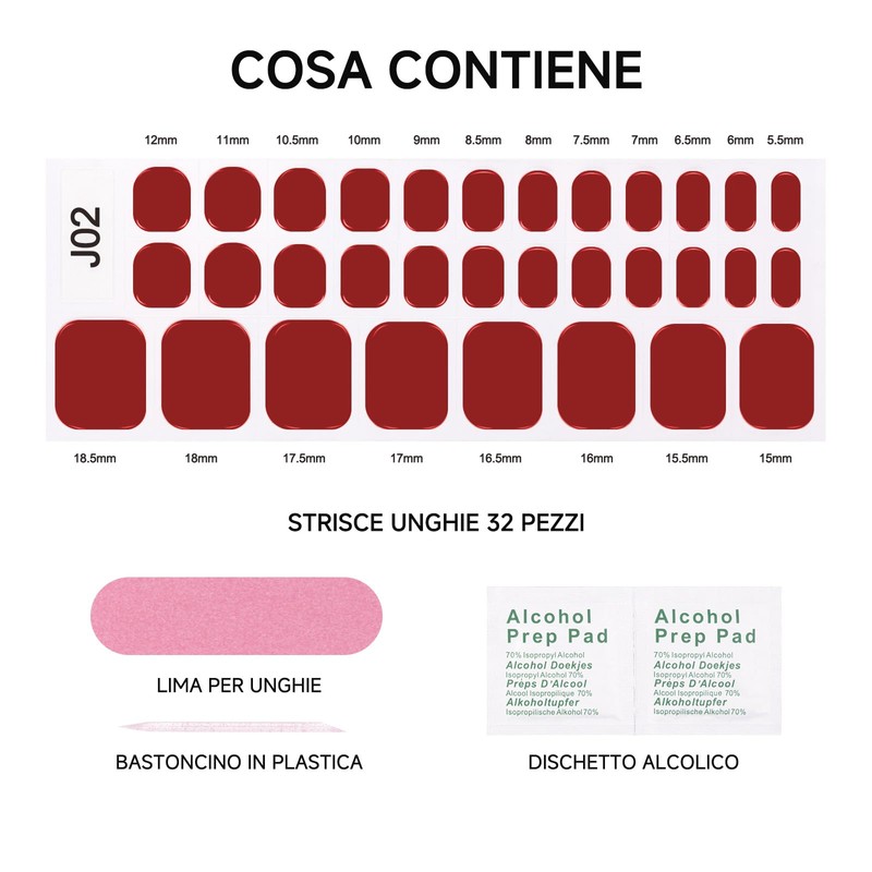 Bagavs Strisce Adesive Unghie Gel UV Piedi 32 PCS Rosso