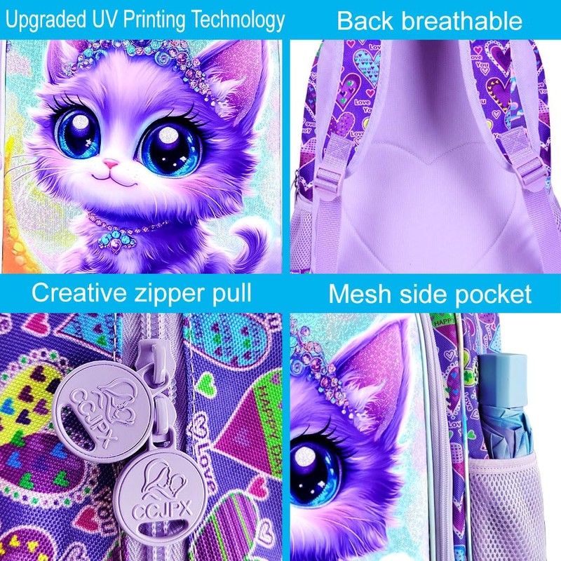 UFNDC 3PCS Cat Preschool Backpack, 16" Cute Moon Bookbag with