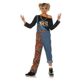 Word Up. Women's Hip Hop Inspired 1990's Costume I Love The 90's Comfortable Detailed Printed Embellishment Button Front Overalls for Your 90's Swag Blue