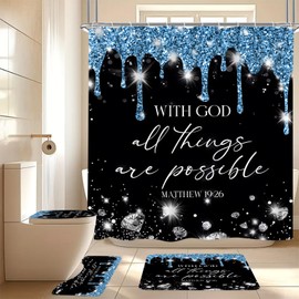 4 Pcs Black Blue Diamonds Shower Curtain Set with Rugs and Toilet Lid Cover, Black White Bible Verse Waterproof Fabric Bathroom Set, Christian Scripture Shower Curtain Bathroom Decor Set Accessories