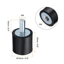 QUARKZMAN Pack of 4 M4 x 10 mm Rubber Buffer with Threaded Bolts 15 x 15 mm Male Female Vibration Damper Galvanised Cylindrical Threaded Bolts with 4 Pieces M4 Locking Nuts