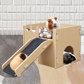 Yuimikaka Guinea Pig Castle, Wooden Guinea Pig Bed with Cave Stairs and Mat, Small Animal House&Hideout Hut Habitats for Bunnies Guinea Pig Hamster Chinchilla Playing Sleeping Hiding