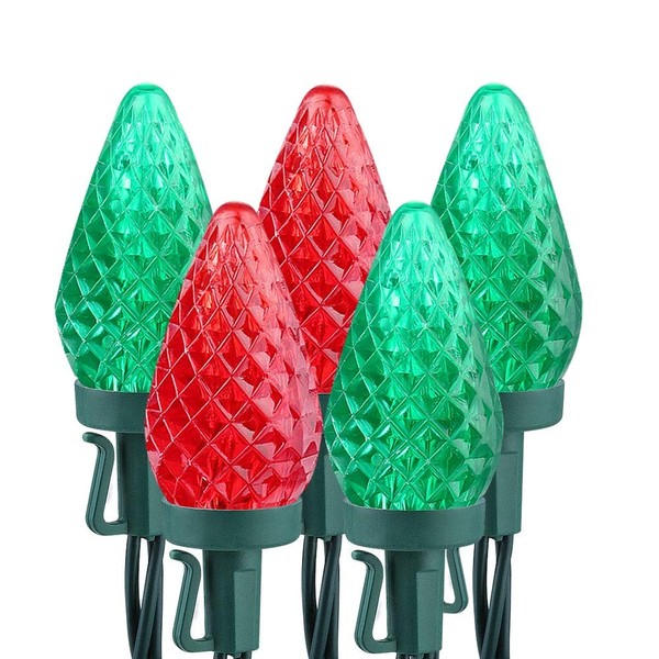 Brizled C9 Christmas Lights, 16ft 25 LED Faceted C9 Christmas Lights, Connectable Indoor Outdoor Xmas String Lights, 120V UL Certified for Tree Backyard Garden Porch Party & Holiday Decor, Red & Green