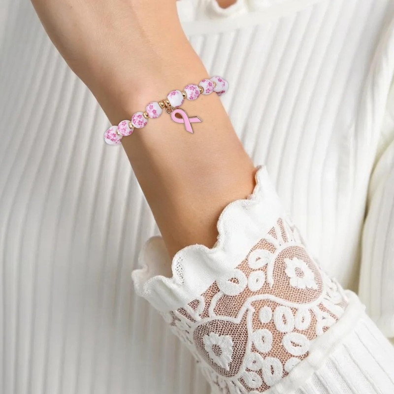 Mikovivi Breast Awareness Bracelets, Pink Ribbon Charm Beaded Stretch Bracelet